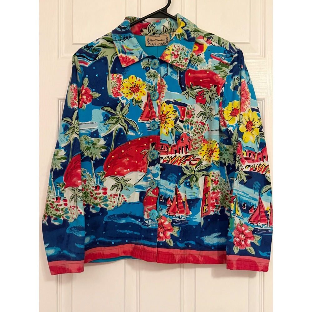 New Direction Tropical Nautical Sequin Beaded Cotton Jacket Blue Red Medium